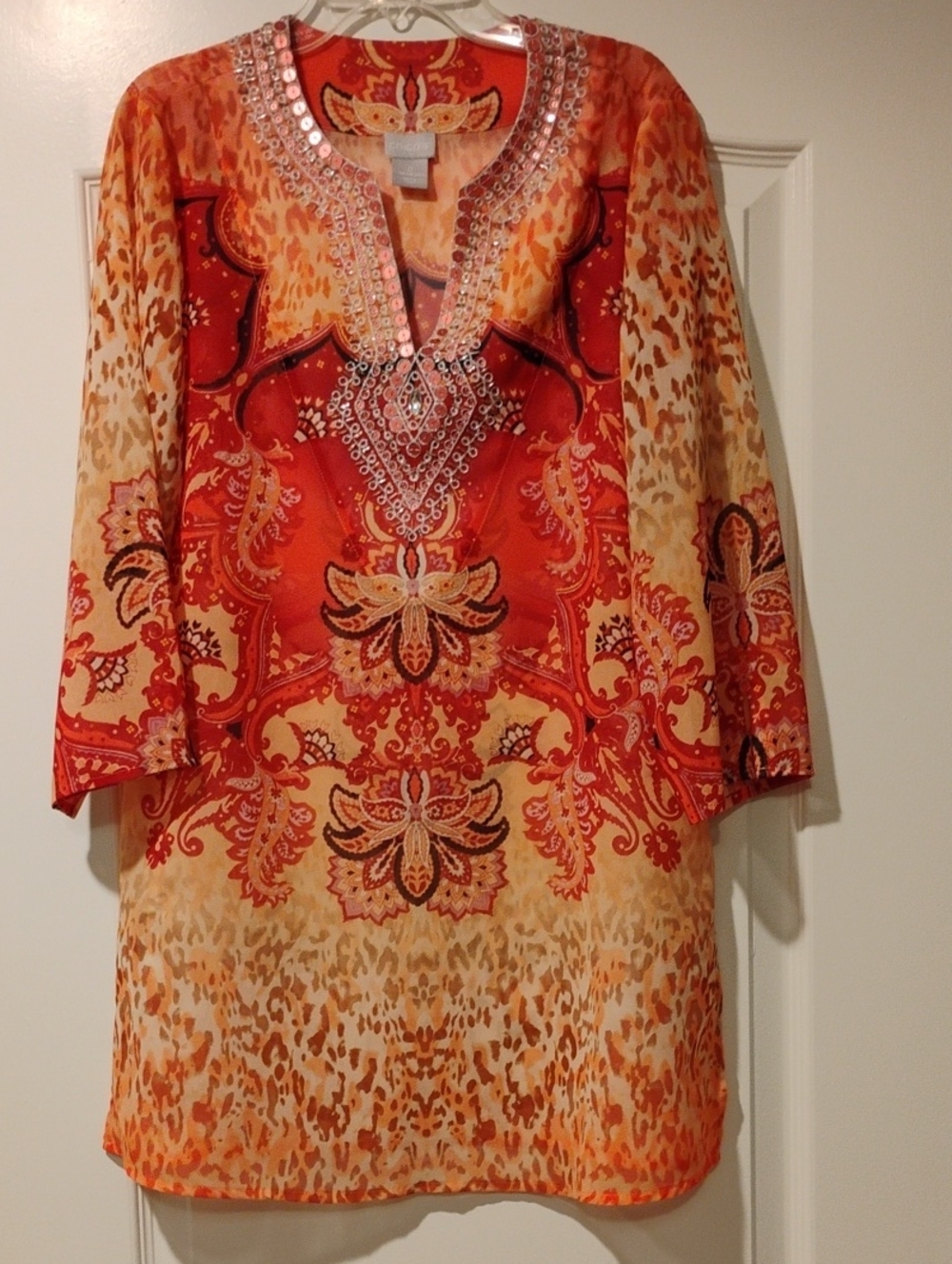 Chico's Orange Printed Embellished Tunic/Cover-up